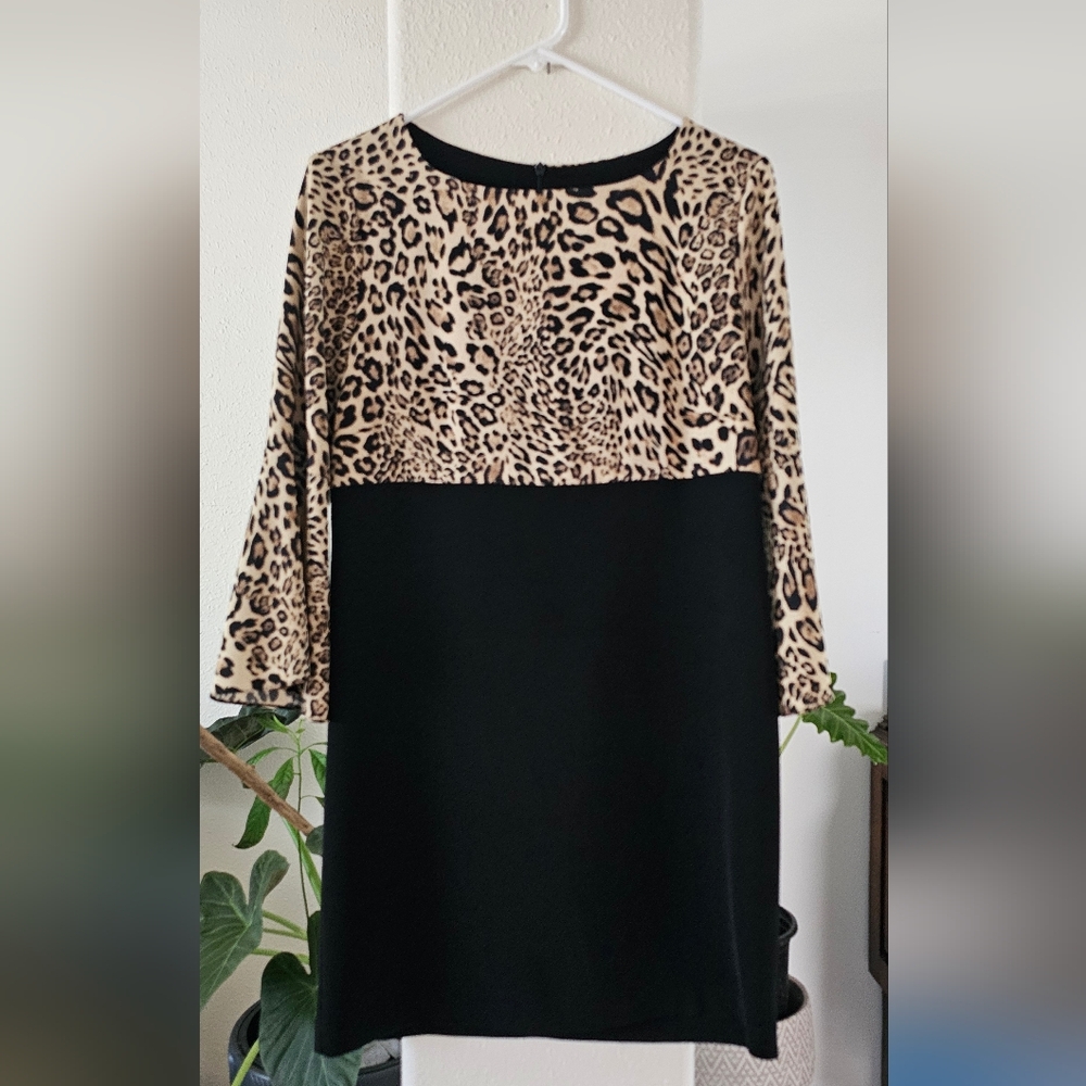 Elegant Leopard and Black Long Sleeve Dress Bin #1